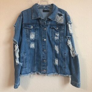 PrettyLittleThing Jean Jacket Blue Distressed Denim Ripped Trendy Streetwear